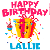 A vibrant and funny gift box character with a happy face dancing with a cupcake and the text 'Happy Birthday Lallie,' surrounded by animated confetti and party vibes.