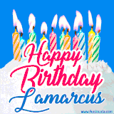 A cheerful animated GIF featuring colorful lit birthday candles on a white cake, with the text 'Happy Birthday Lamarcus' in bold red and blue script on a bright blue background.