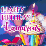 A festive animated GIF featuring a colorful cupcake with a single lit candle, sprinkles, and 'Happy Birthday Lamarcus' text against a sparkling, celebratory background.