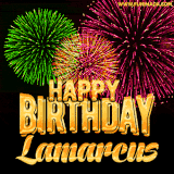 A captivating GIF with bursts of green, pink, and orange fireworks lighting up the night sky, accompanied by 'Happy Birthday Lamarcus' in glowing golden text.