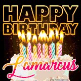 A vibrant animated GIF featuring a delicious birthday cake topped with glowing candles and the name 'Lamarcus' in elegant script, and the words 'Happy Birthday' on the black background.