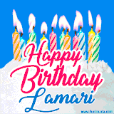 A cheerful animated GIF featuring colorful lit birthday candles on a white cake, with the text 'Happy Birthday Lamari' in bold red and blue script on a bright blue background.