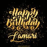 Animated GIF with colorful, festive 'Happy Birthday Lamari' text decorated with patterns, a party hat, and falling confetti. A vibrant and cheerful design for birthday celebrations.