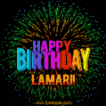 A colorful animated GIF featuring the text 'Happy Birthday Lamari!' in rainbow colors with a dynamic iridescent firework display in the background.