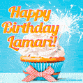 A cheerful animated GIF of a cupcake with creamy frosting, a red checkered ribbon, and a bright sparkler on top. The text 'Happy Birthday Lamari!' is displayed in vibrant orange and red.