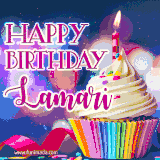 A festive animated GIF featuring a colorful cupcake with a single lit candle, sprinkles, and 'Happy Birthday Lamari' text against a sparkling, celebratory background.