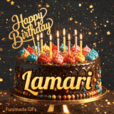 A birthday cake with colorful frosting swirls, burning candles, and the name Lamari on a dark, sparkly background.