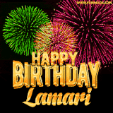 A captivating GIF with bursts of green, pink, and orange fireworks lighting up the night sky, accompanied by 'Happy Birthday Lamari' in glowing golden text.
