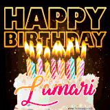 A vibrant animated GIF featuring a delicious birthday cake topped with glowing candles and the name 'Lamari' in elegant script, and the words 'Happy Birthday' on the black background.