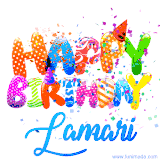 Animated GIF with colorful, festive 'Happy Birthday Lamari' text decorated with patterns, a party hat, and falling confetti. A vibrant and cheerful design for birthday celebrations.