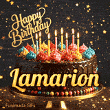Close-up of colorful whipped cream toppings on a chocolate cake with flickering candles, custom-designed for Lamarion.