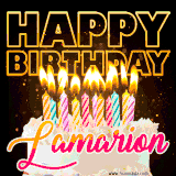 A vibrant animated GIF featuring a delicious birthday cake topped with glowing candles and the name 'Lamarion' in elegant script, and the words 'Happy Birthday' on the black background.