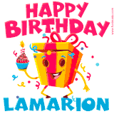 A funny animated birthday GIF with the words 'Happy Birthday Lamariona', colorful gift box with arms and legs, holding a cupcake with a lit candle  with confetti everywhere.