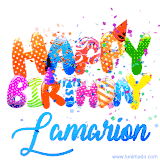 Animated GIF with colorful, festive 'Happy Birthday Lamarion' text decorated with patterns, a party hat, and falling confetti. A vibrant and cheerful design for birthday celebrations.