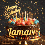 A chocolate birthday cake with colorful candies at the base and lit candles on top, featured on an animated card for Lamarr.