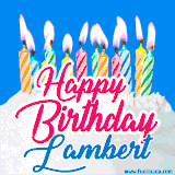 A cheerful animated GIF featuring colorful lit birthday candles on a white cake, with the text 'Happy Birthday Lambert' in bold red and blue script on a bright blue background.