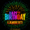 A colorful animated GIF featuring the text 'Happy Birthday Lambert!' in rainbow colors with a dynamic iridescent firework display in the background.