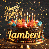Elegant birthday GIF with the name Lambert on a chocolate cake surrounded by flickering candlelight and golden stars.
