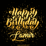 Animated GIF with colorful, festive 'Happy Birthday Lamir' text decorated with patterns, a party hat, and falling confetti. A vibrant and cheerful design for birthday celebrations.