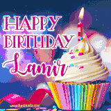 A festive animated GIF featuring a colorful cupcake with a single lit candle, sprinkles, and 'Happy Birthday Lamir' text against a sparkling, celebratory background.