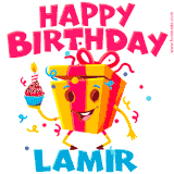 A funny animated birthday GIF with the words 'Happy Birthday Lamira', colorful gift box with arms and legs, holding a cupcake with a lit candle  with confetti everywhere.