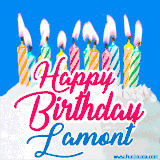 A cheerful animated GIF featuring colorful lit birthday candles on a white cake, with the text 'Happy Birthday Lamont' in bold red and blue script on a bright blue background.