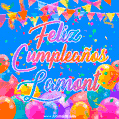 A vibrant animated GIF with 'Feliz Cumpleaños Lamont' written in colorful script, surrounded by balloons, confetti, and bunting on a bright blue background.
