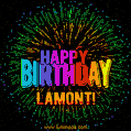 A colorful animated GIF featuring the text 'Happy Birthday Lamont!' in rainbow colors with a dynamic iridescent firework display in the background.