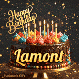 Happy Birthday Lamont animated GIF featuring a chocolate drip cake with colorful frosting dollops and glowing candles.