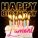 A vibrant animated GIF featuring a delicious birthday cake topped with glowing candles and the name 'Lamont' in elegant script, and the words 'Happy Birthday' on the black background.
