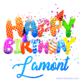 Animated GIF with colorful, festive 'Happy Birthday Lamont' text decorated with patterns, a party hat, and falling confetti. A vibrant and cheerful design for birthday celebrations.