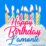 A cheerful animated GIF featuring colorful lit birthday candles on a white cake, with the text 'Happy Birthday Lamonte' in bold red and blue script on a bright blue background.