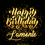 Animated GIF with colorful, festive 'Happy Birthday Lamonte' text decorated with patterns, a party hat, and falling confetti. A vibrant and cheerful design for birthday celebrations.