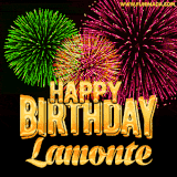 A captivating GIF with bursts of green, pink, and orange fireworks lighting up the night sky, accompanied by 'Happy Birthday Lamonte' in glowing golden text.