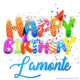 Animated GIF with colorful, festive 'Happy Birthday Lamonte' text decorated with patterns, a party hat, and falling confetti. A vibrant and cheerful design for birthday celebrations.