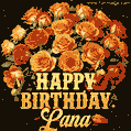 Beautiful bouquet of orange and red roses for Lana, golden inscription and twinkling stars