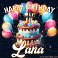 Hand-drawn happy birthday cake adorned with an arch of colorful balloons - name GIF for Lana