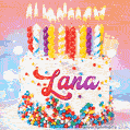 Personalized for Lana elegant birthday cake adorned with rainbow sprinkles, colorful candles and glitter