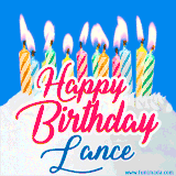 A cheerful animated GIF featuring colorful lit birthday candles on a white cake, with the text 'Happy Birthday Lance' in bold red and blue script on a bright blue background.