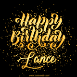 Animated GIF with colorful, festive 'Happy Birthday Lance' text decorated with patterns, a party hat, and falling confetti. A vibrant and cheerful design for birthday celebrations.