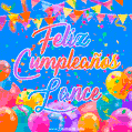 A vibrant animated GIF with 'Feliz Cumpleaños Lance' written in colorful script, surrounded by balloons, confetti, and bunting on a bright blue background.