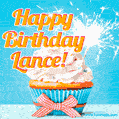 A cheerful animated GIF of a cupcake with creamy frosting, a red checkered ribbon, and a bright sparkler on top. The text 'Happy Birthday Lance!' is displayed in vibrant orange and red.