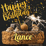 Animated GIF featuring the text 'Happy Birthday Lance' written in glittering gold above the luxurious chocolate birthday cake adorned with truffles, gold stars, and sparklers.