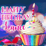 A festive animated GIF featuring a colorful cupcake with a single lit candle, sprinkles, and 'Happy Birthday Lance' text against a sparkling, celebratory background.