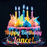 A vibrant animated GIF featuring a colorful rotating birthday cake with bright frosting swirls, glowing candles, and the text 'Happy Birthday Lance!' in rainbow colors.