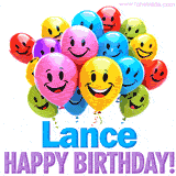 An animated birthday-themed name GIF with colorful smiling balloons and bold 'Lance, Happy Birthday!' text for a celebratory touch.