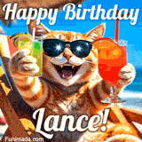 A cheerful cat wearing sunglasses, enjoying drinks on a sunny beach chair, with the text 'Happy Birthday Lance!' in bright letters.