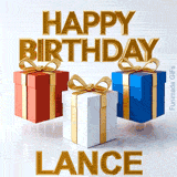 Classic and bold Happy Birthday Lance animated message accompanied by three bouncing gift boxes designed perfectly for a masculine birthday greeting