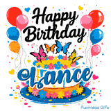 Cheerful animated birthday greeting with a custom nameplate for Lance, featuring balloons, hearts, and butterflies.