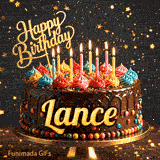 Multicolored frosting swirls and burning birthday candles on a chocolate cake with gold lettering spelling Lance.